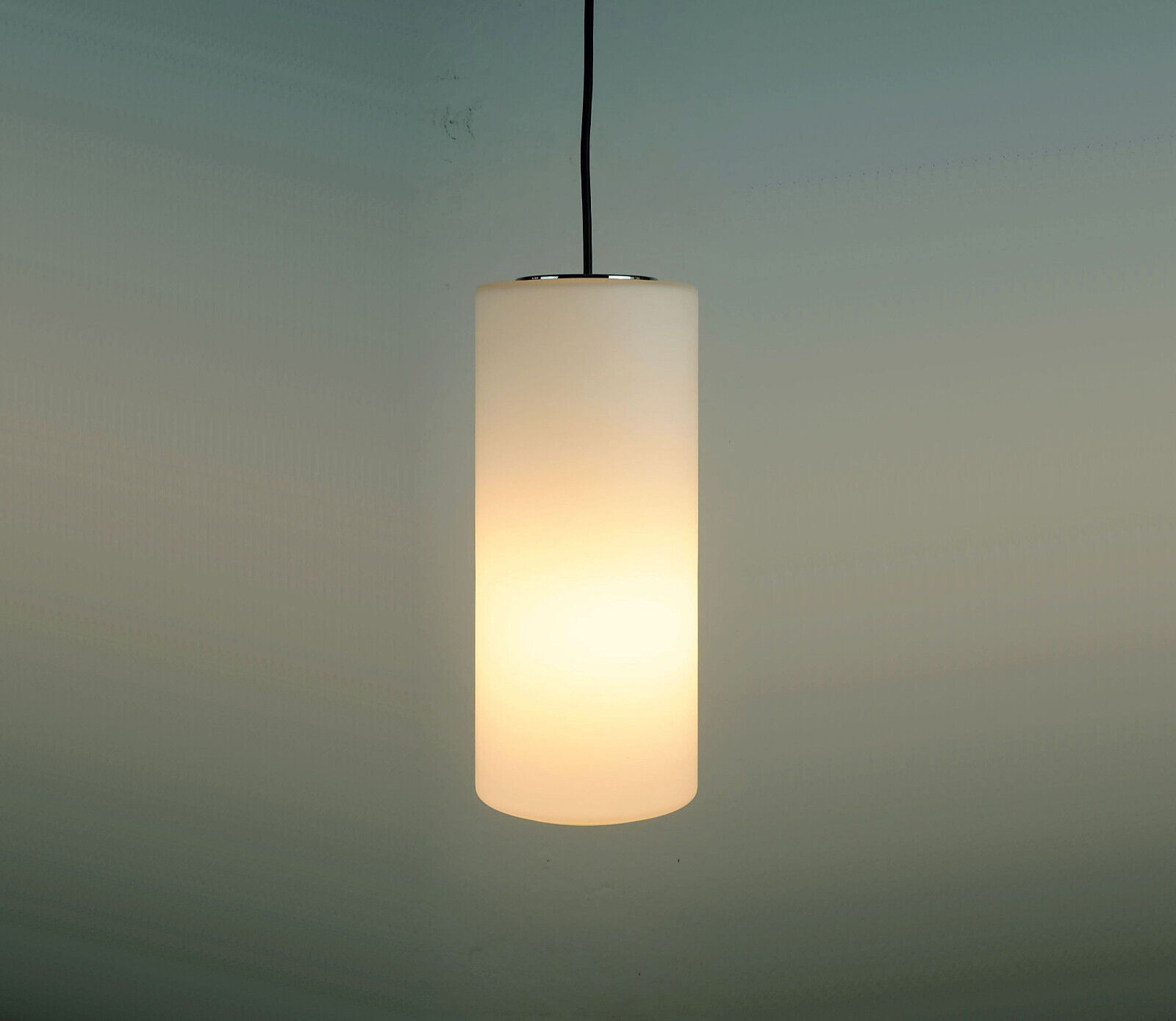 Glashuette Limburg pendant light white cylindrical glass shade and chrome 1970s - 2 available