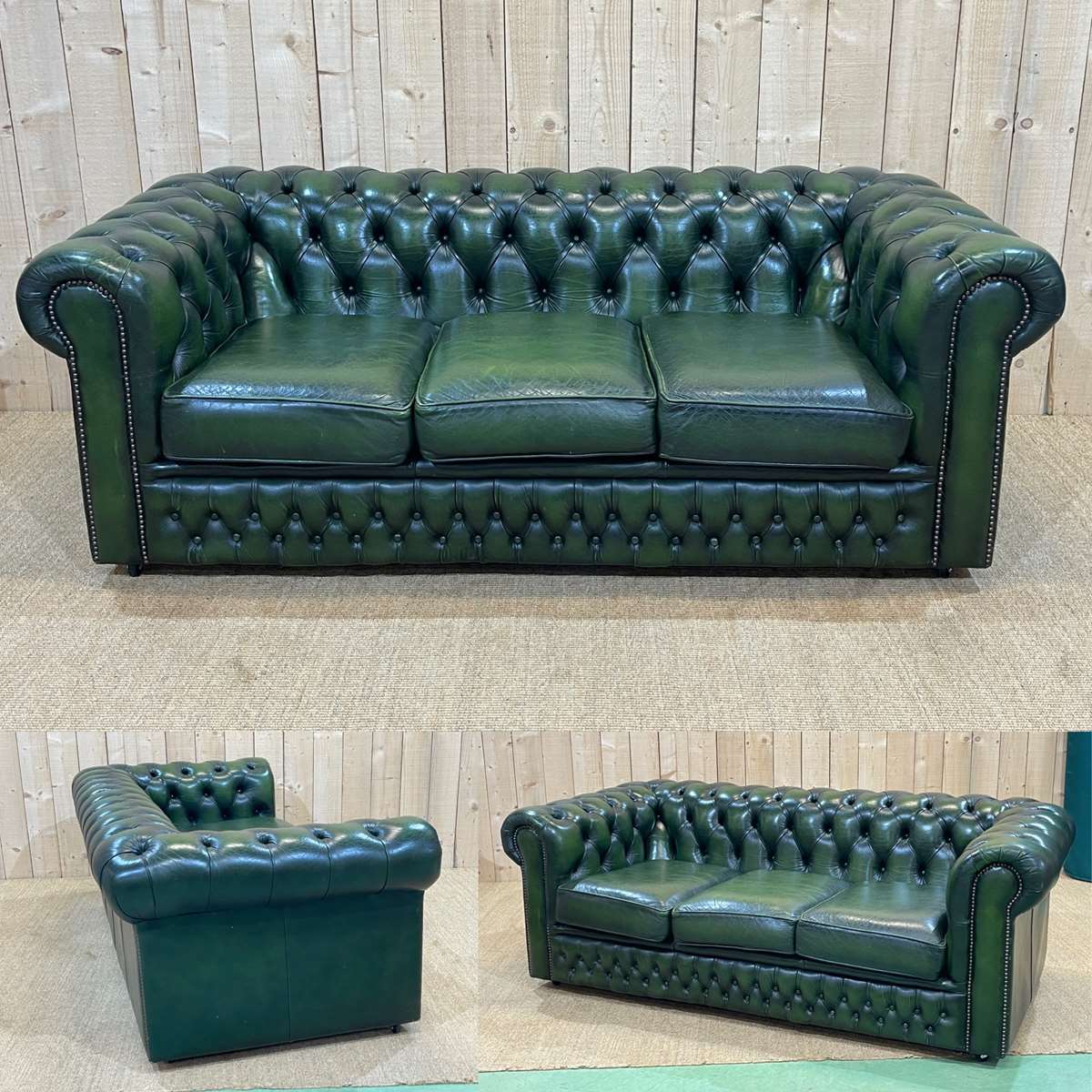 Chesterfield 3-seater sofa in green leather from the 80s