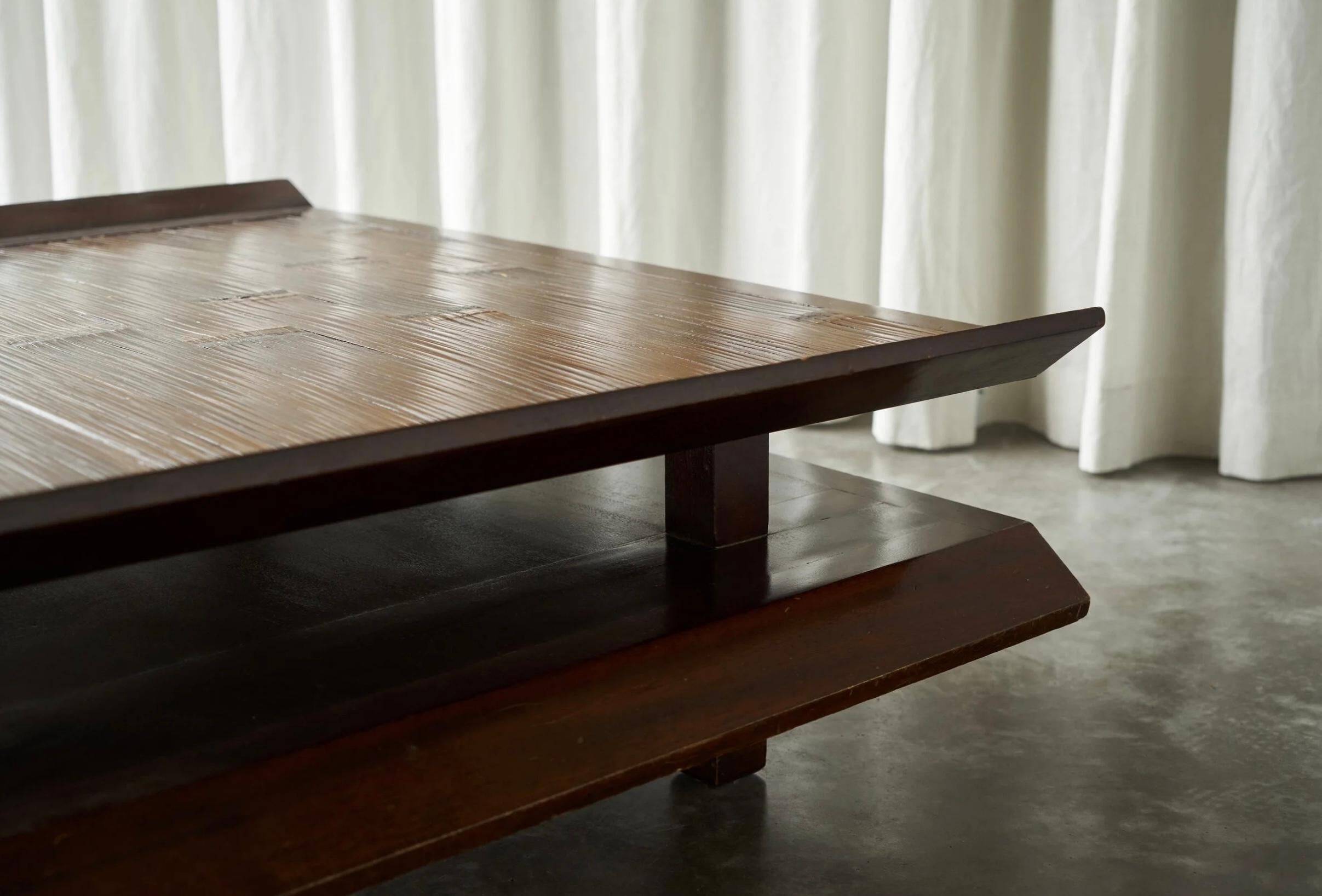 Two-level pagoda coffee table in Wabi-Sabi style, wood and bamboo from the 1970s.