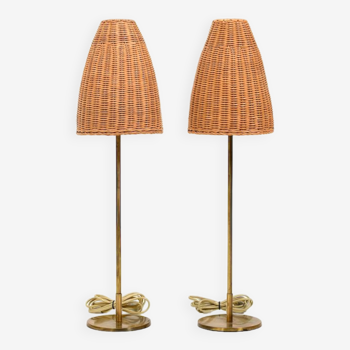 Paire de lampes de table mid century avec stores en osier by LYFA