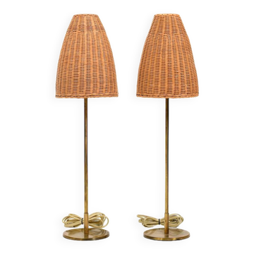 Pair of mid century table lamps with wicker shades by lyfa