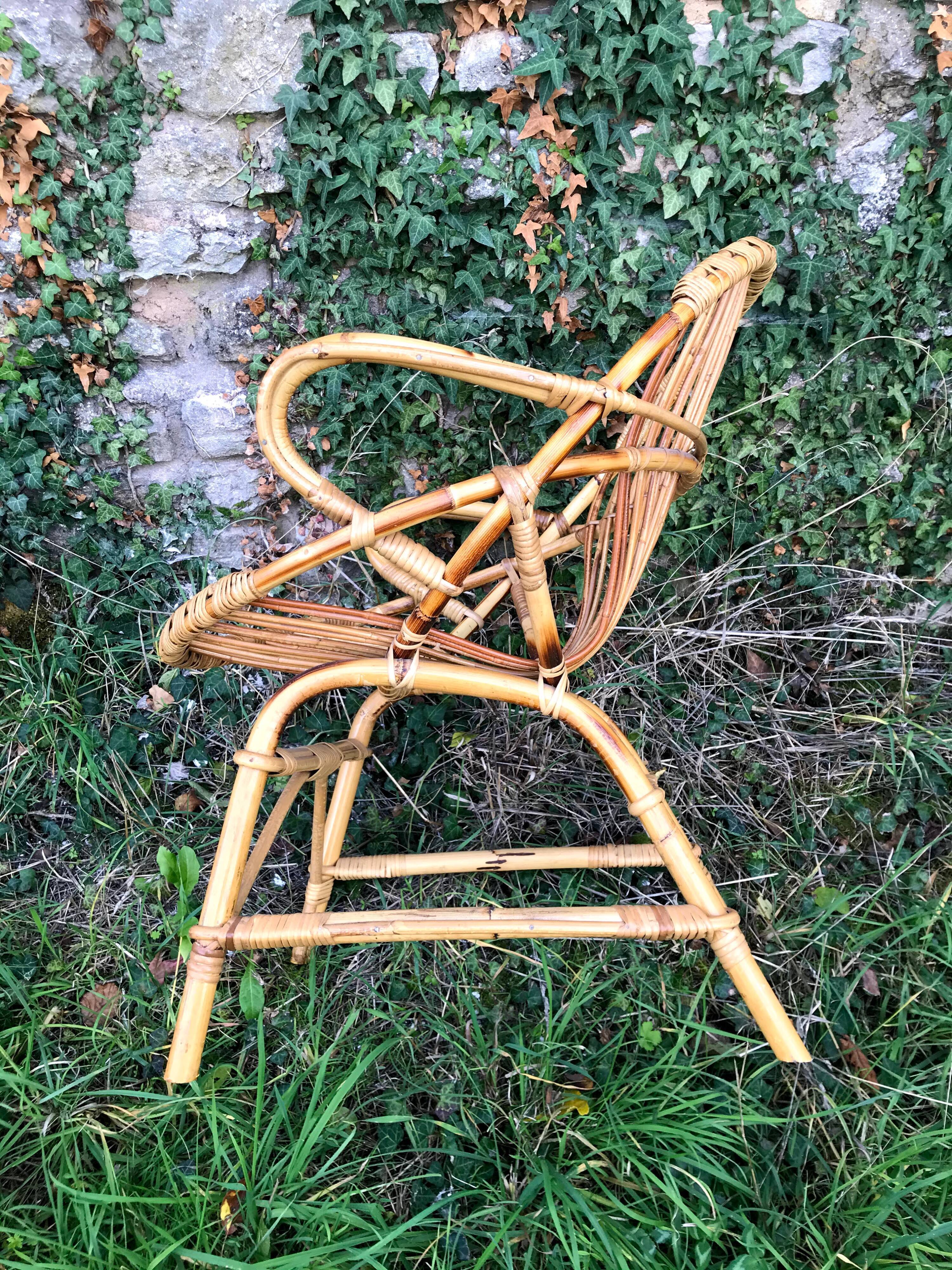 Fauteuil coquille rotin et bambou vintage des années 60