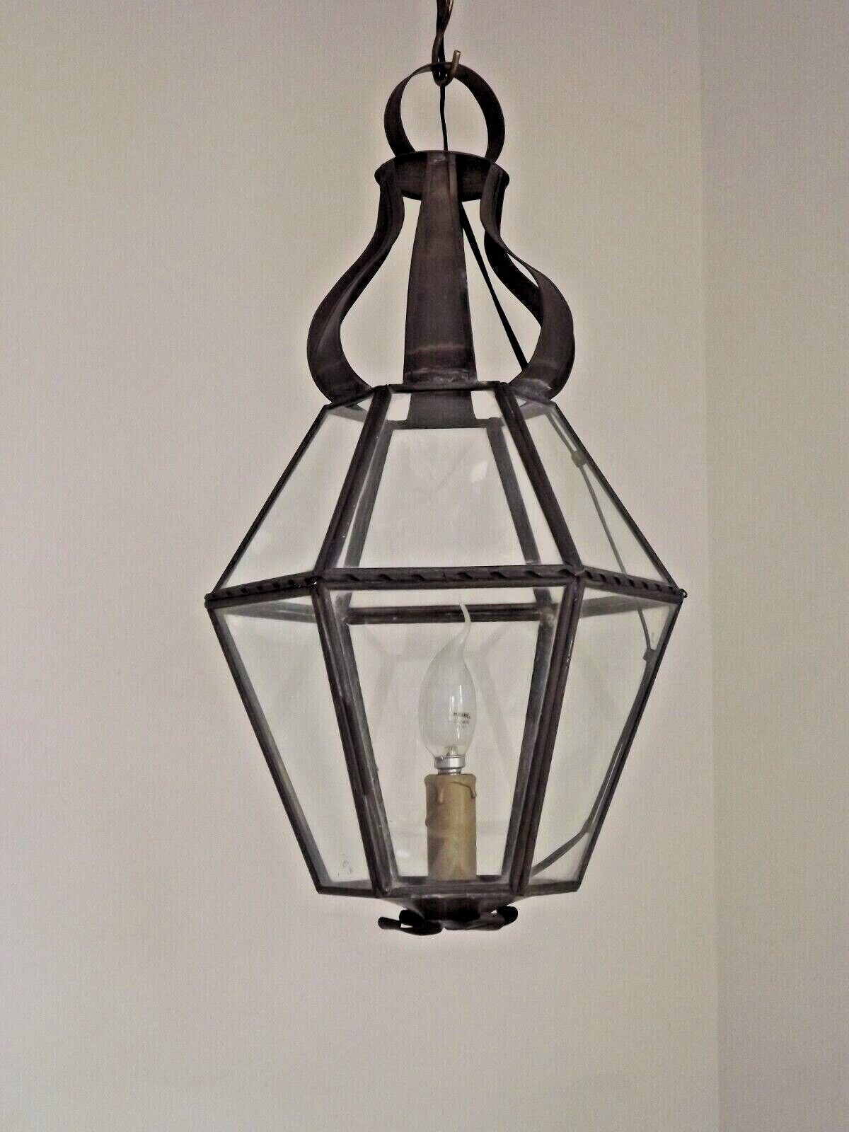 Hexagonal shaped copper and glass hanging lantern