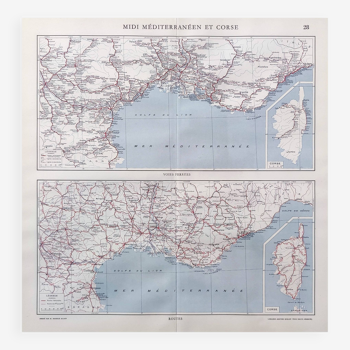 Carte ancienne Corse et méditerranée sud France 43x43cm de 1950