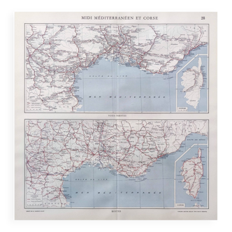 Old map of Corsica and southern Mediterranean France 43x43cm from 1950