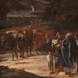 Grand tableau de paysage italien avec personnages du XVIIIe siècle