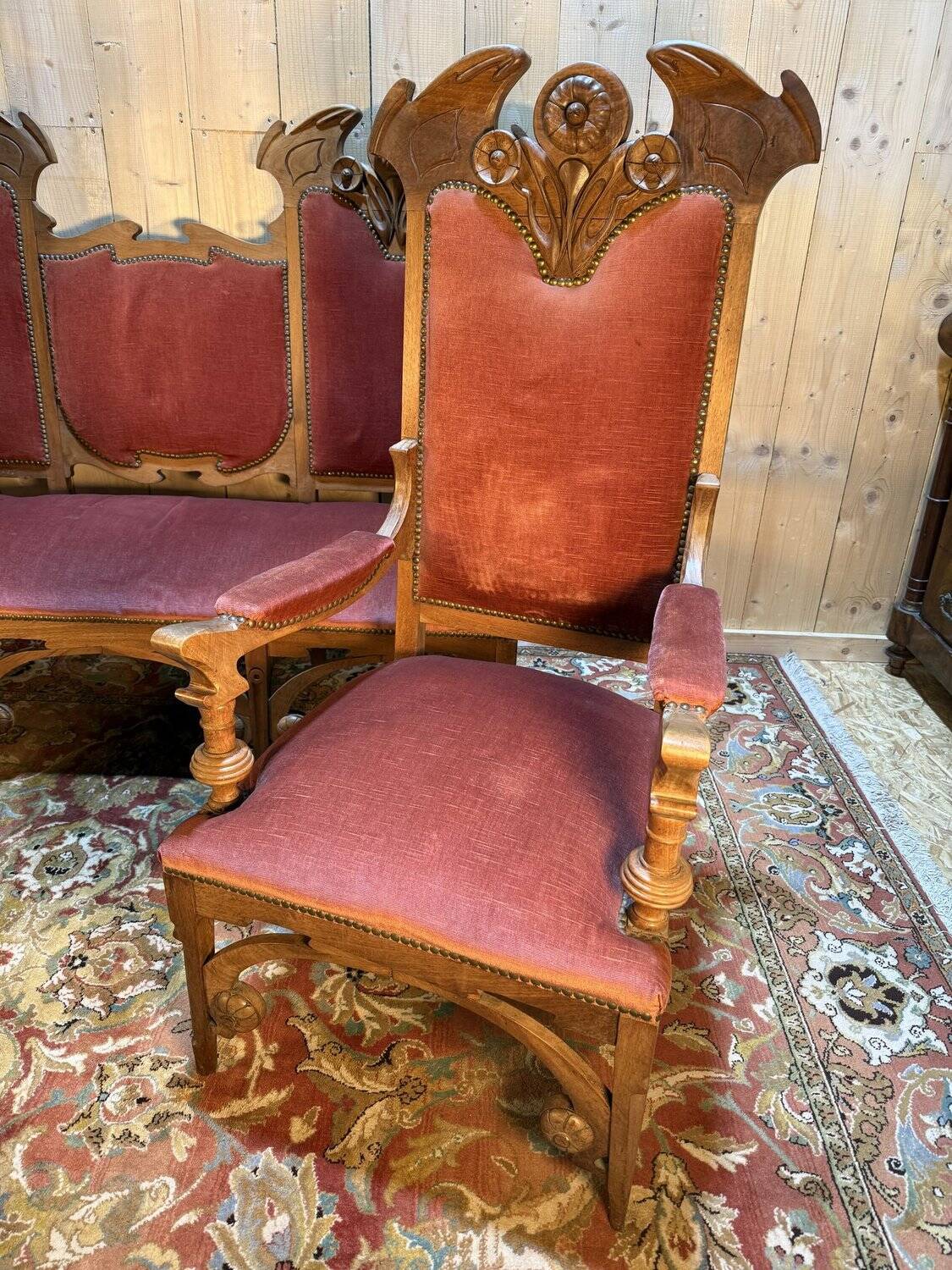Art Nouveau style Gothic Revival salon sofa and pair of armchairs in