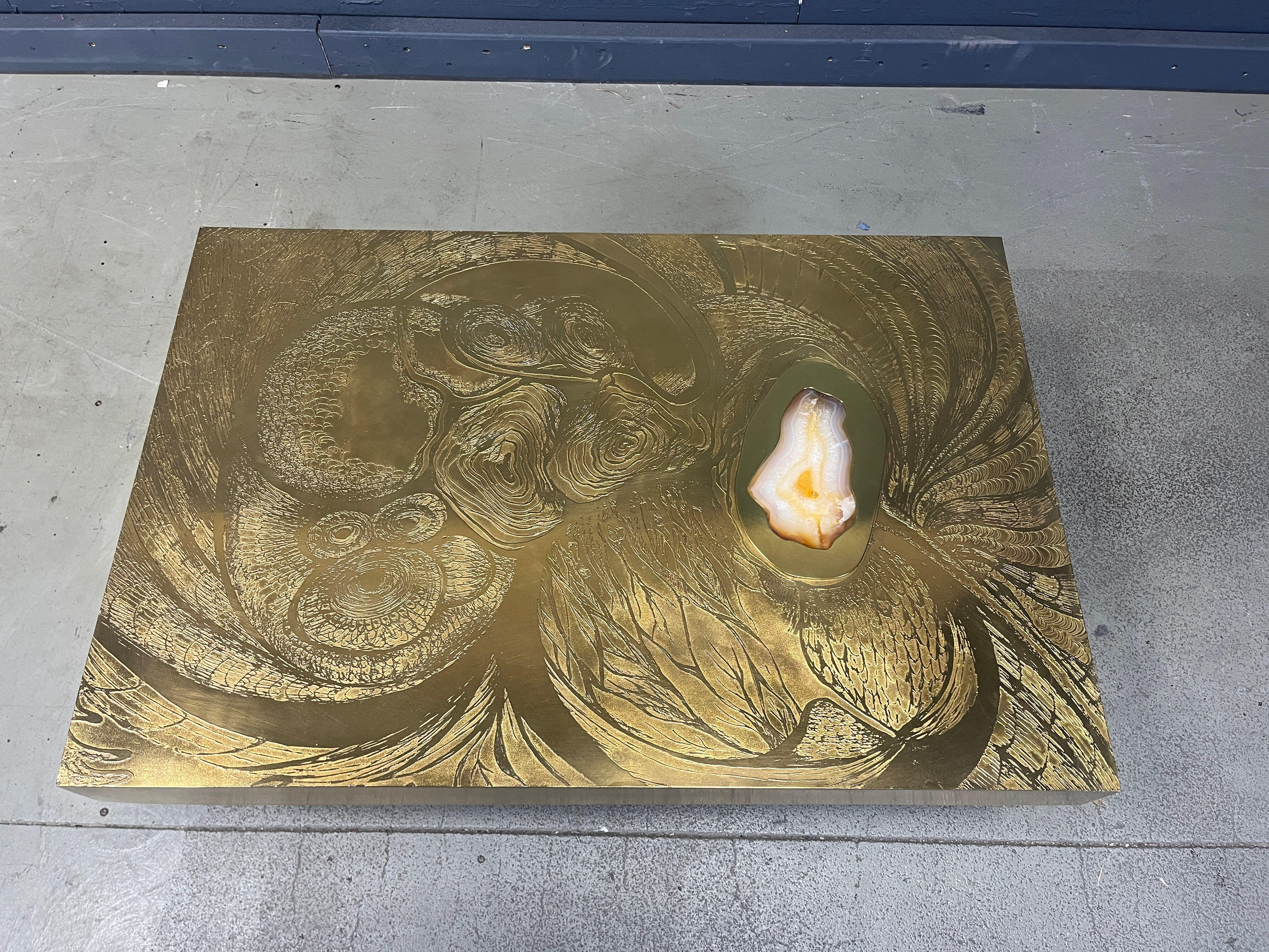 Etched brass and inlaid agate coffee table by Felix De Boussy, Belgium