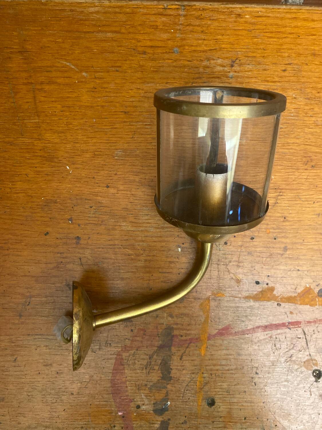 Antique Wall Lamp Lantern Gold Metal + Vintage Glass Cylinder #C528
