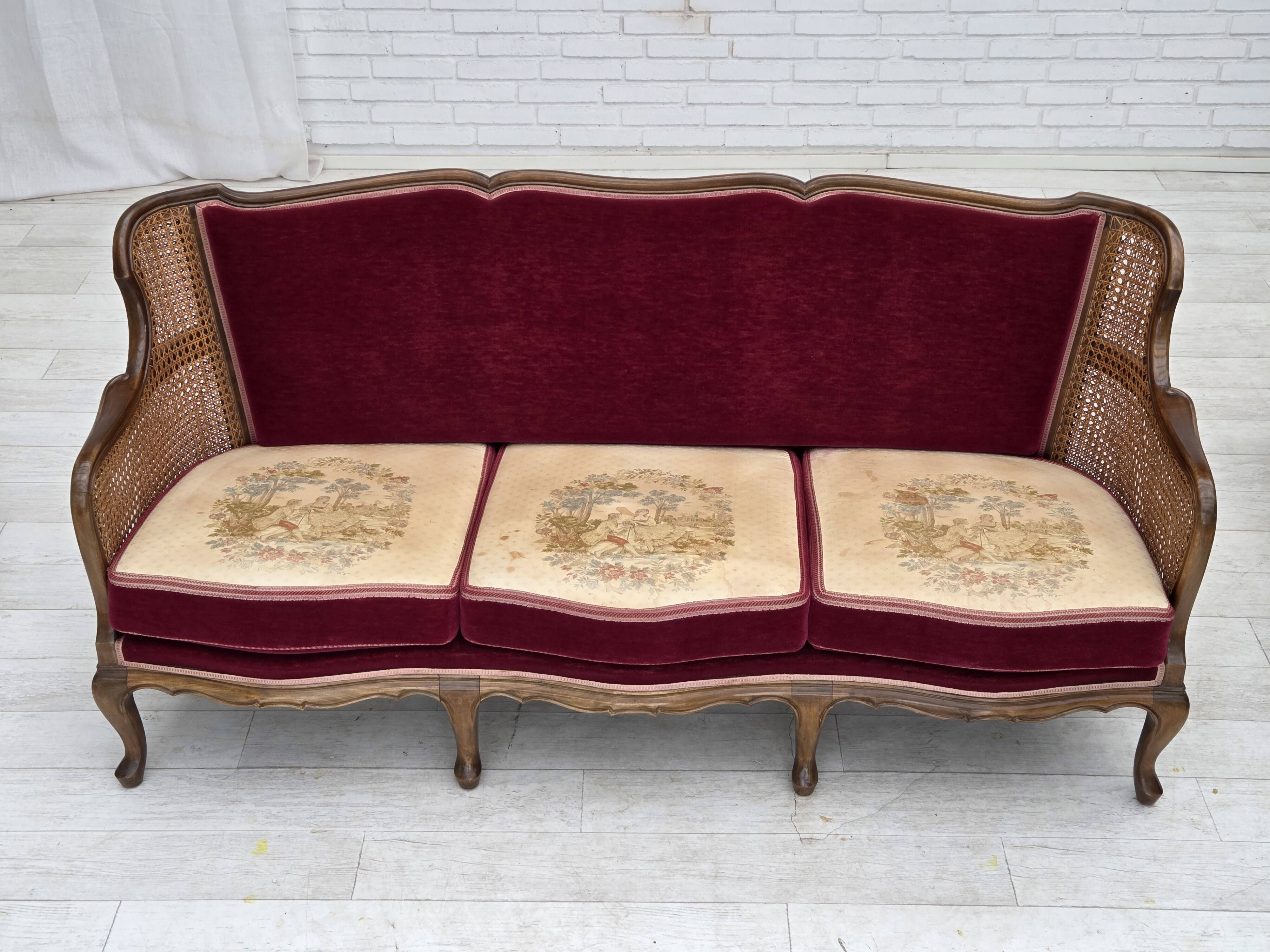 1950s, Danish 3-seater sofa, furniture velour, ash wood, mesh.