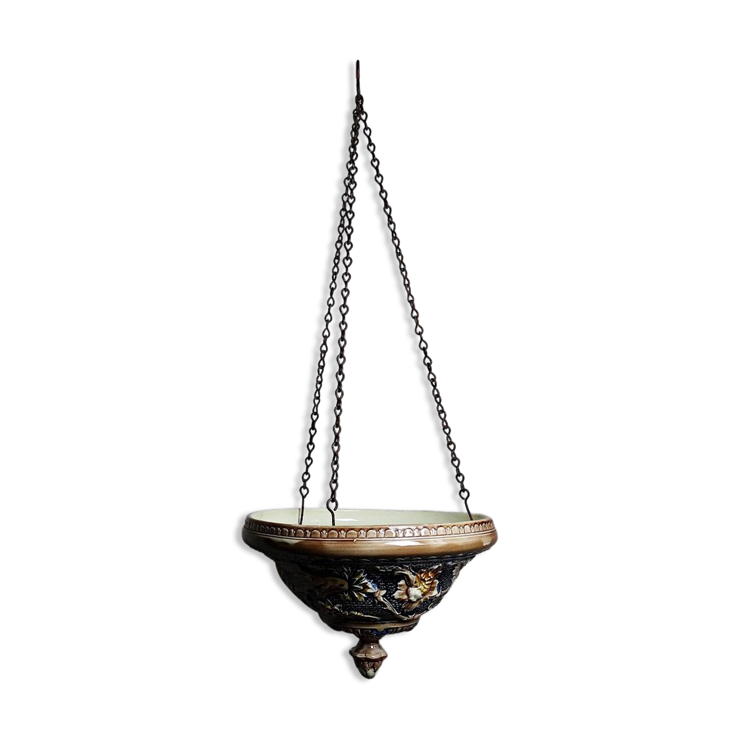 Antique hanging planter from the early 19th-20th century in Art Nouveau majolica.