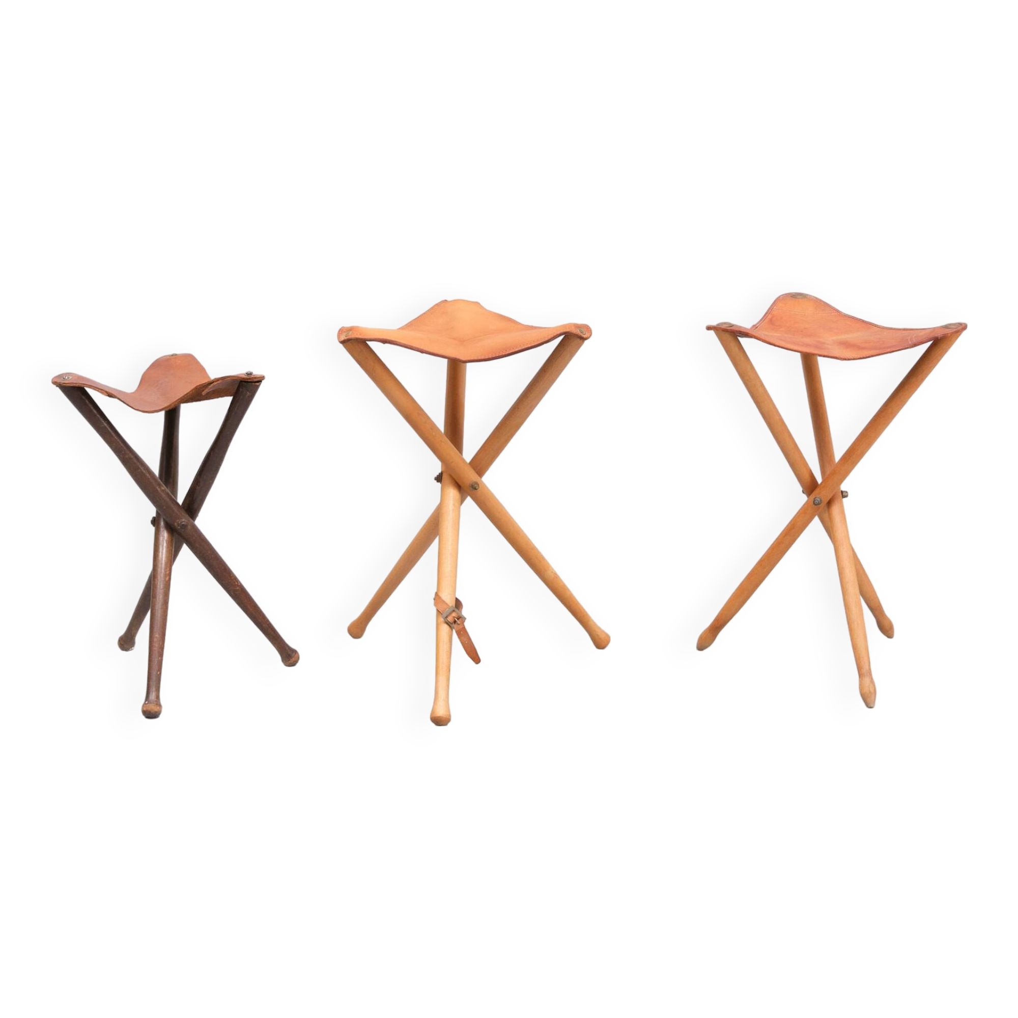 Three folding hunting chairs Leather seats 1960s