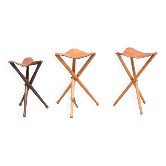 Trois chaises de chasse pliantes Sièges en cuir années 1960