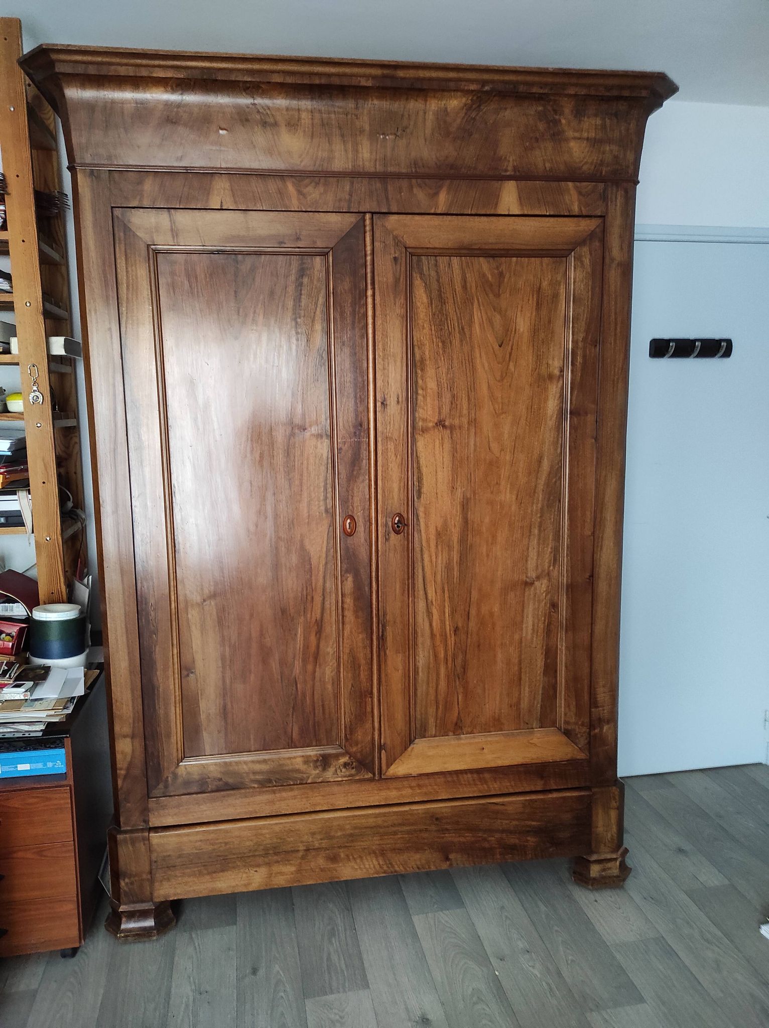 Old walnut wood cabinet with hat and 2 drawer doors
