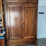 Old walnut wood cabinet with hat and 2 drawer doors