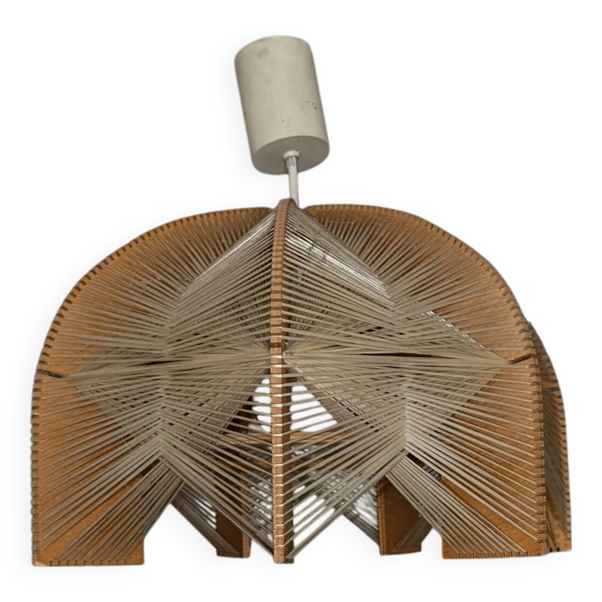 Vintage Scandinavian wood and raffia pendant chandelier