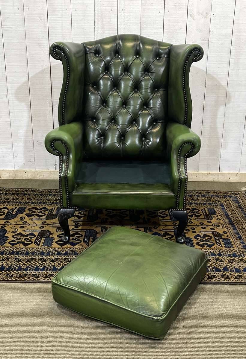 1970s Chesterfield Wingback Chair in Green Leather