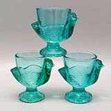 3 vintage french egg cups, turquoise glass, hen shape, luminarc