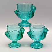3 coquetiers français vintage verre turquoise forme poule luminarc