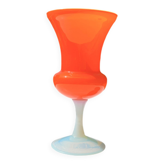 XXL Vintage Footed Cup Vase Opaline Glass Orange White 1970S