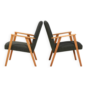 Pair of Beech Armchairs with grey upholstery