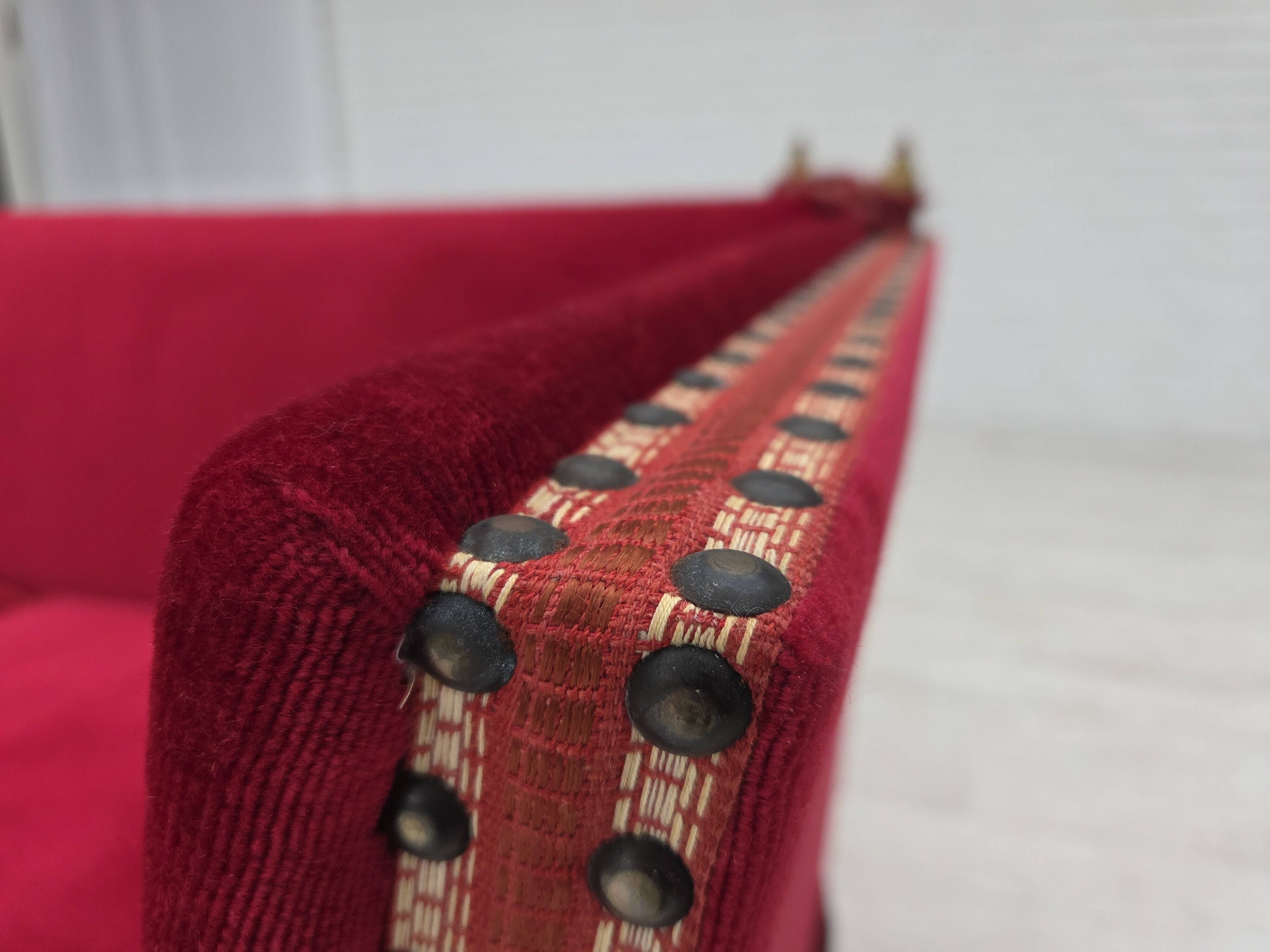 1970s, Danish "Spanish" sofa, furniture velour, ash wood legs.