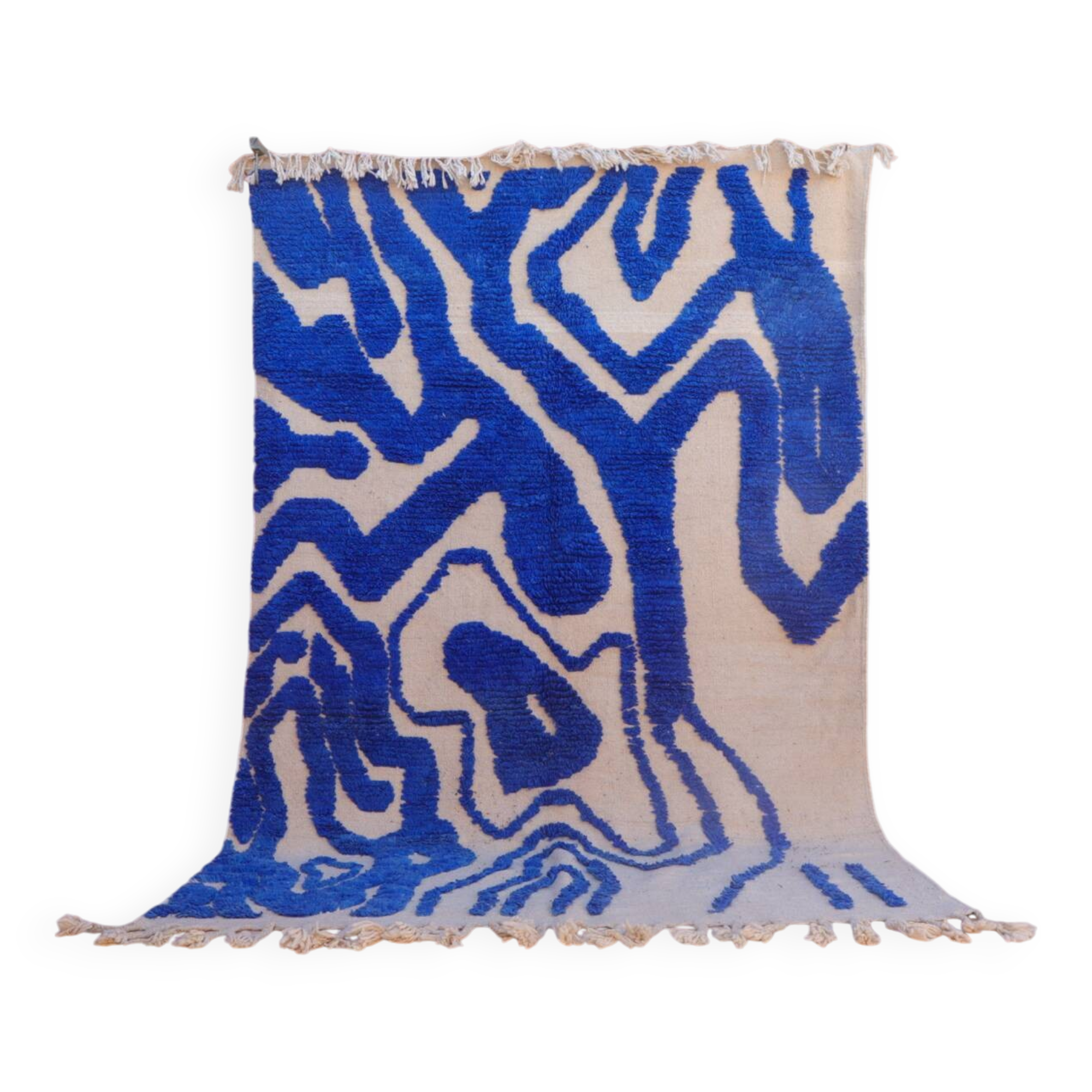 Klein blue and white Berber rug with abstract relief