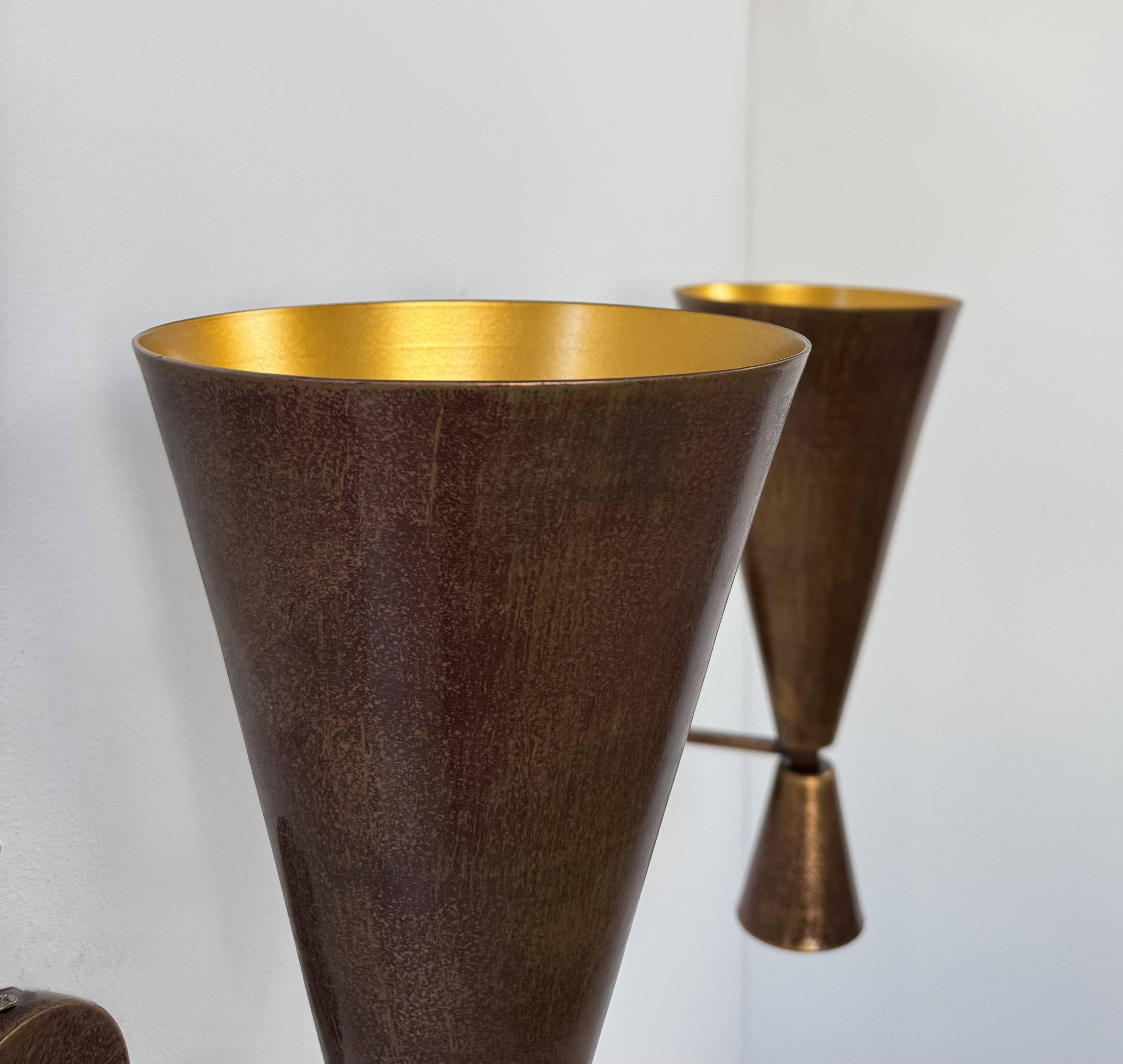 Pair of vintage patinated copper metal wall lights, France, 1980.