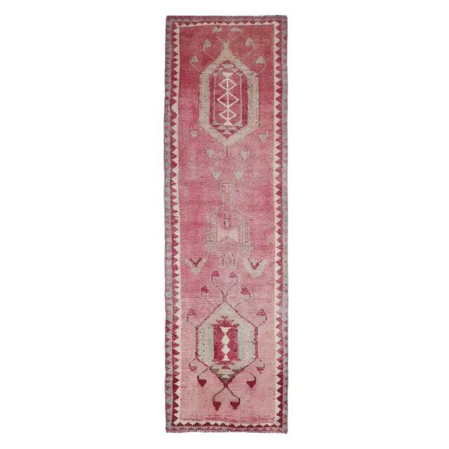 Vintage Turkish Oushak Handmade Wool Cotton Pink Runner Rug 90x312