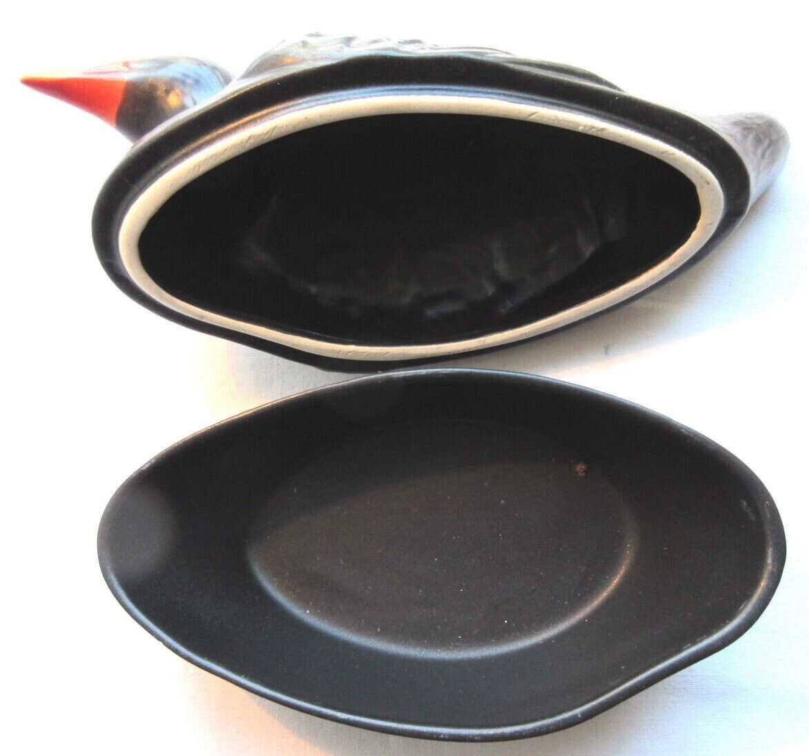 Old vintage terrine: blackened ceramic moorhen, CAUGANT production