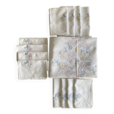 Large tablecloth and 12 embroidered napkins "pastel bouquets" - Cotton - 240x170 cm