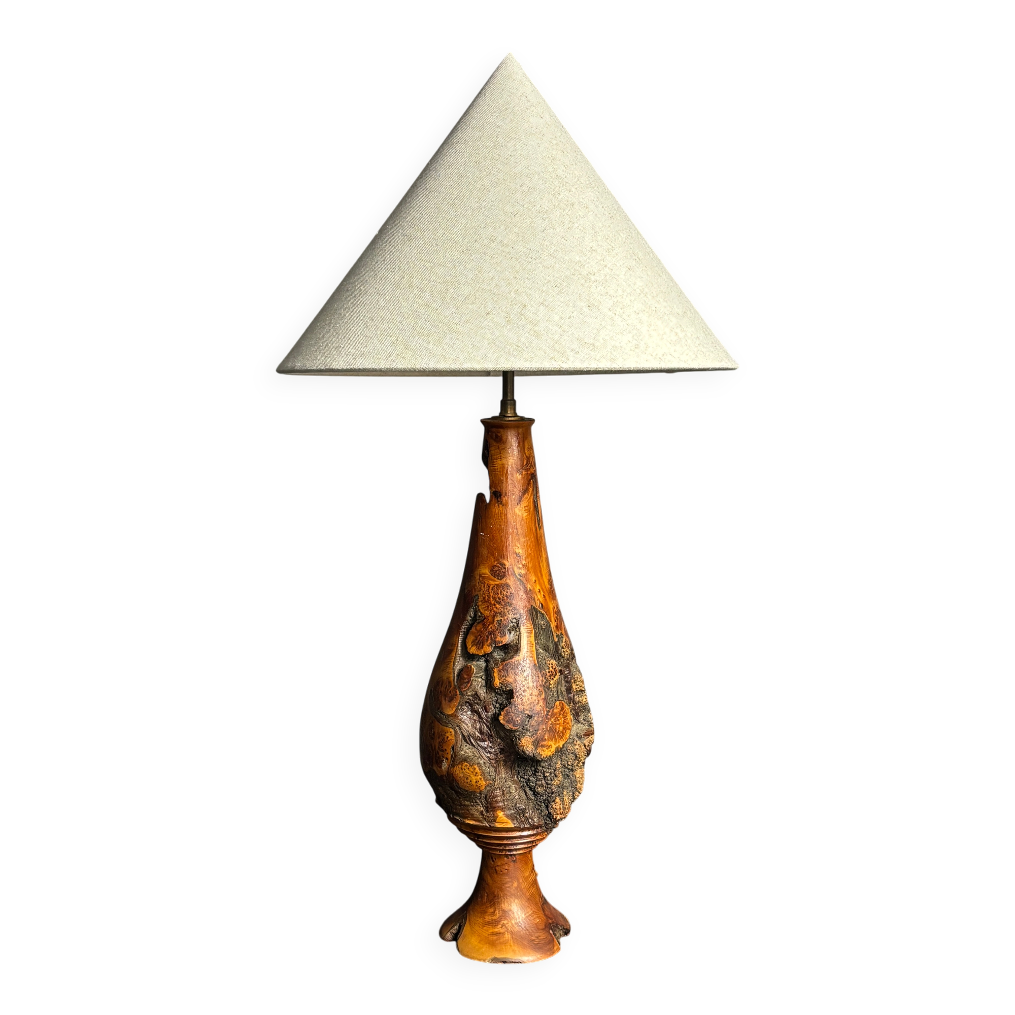 Sculptural artisanal brutalist midcentury burl wood turned table lamp 1960s