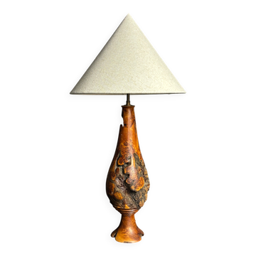 Sculptural artisanal brutalist midcentury burl wood turned table lamp 1960s