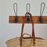 Antique wooden wall coat rack with metal hooks L200