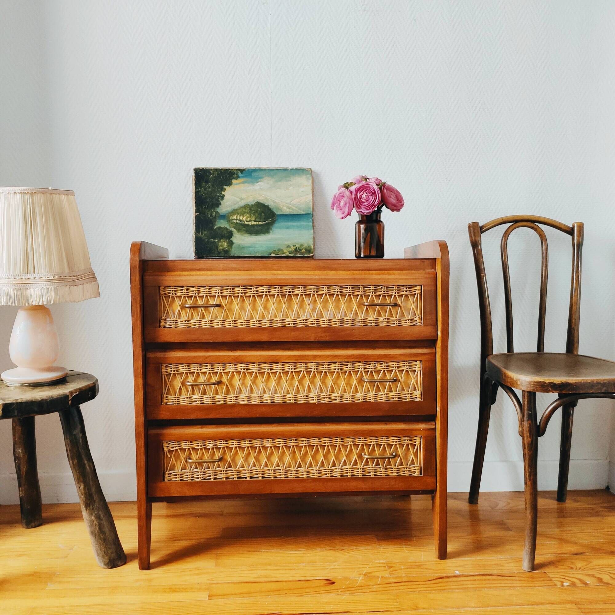 Vintage 1950 wood and rattan chest of drawers
