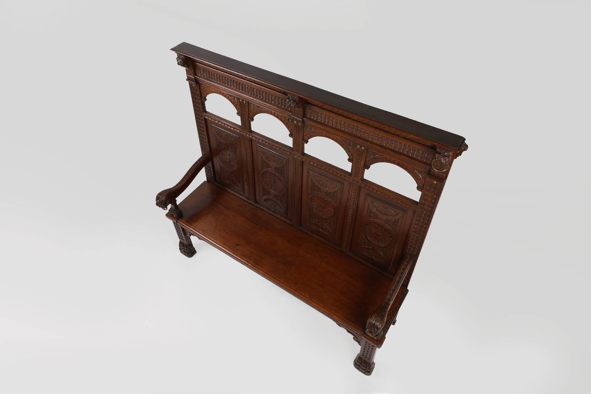 Antique French 18th Century Gothic Style Oak Carved High Back Panel Settle