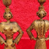 Pair of gilded beaten iron sculpture lamps attributed to Gilbert Poillerat