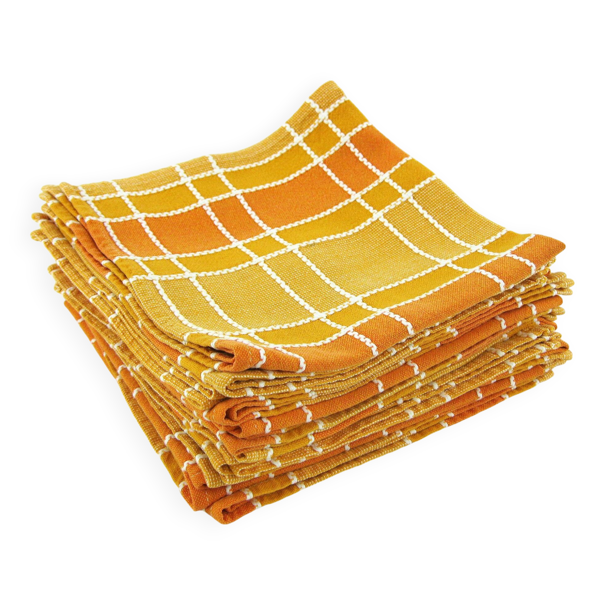 12 Serviettes De Table Vintage Seventies - Coton Imprimé Orange Motif Fleuris - NEUVES