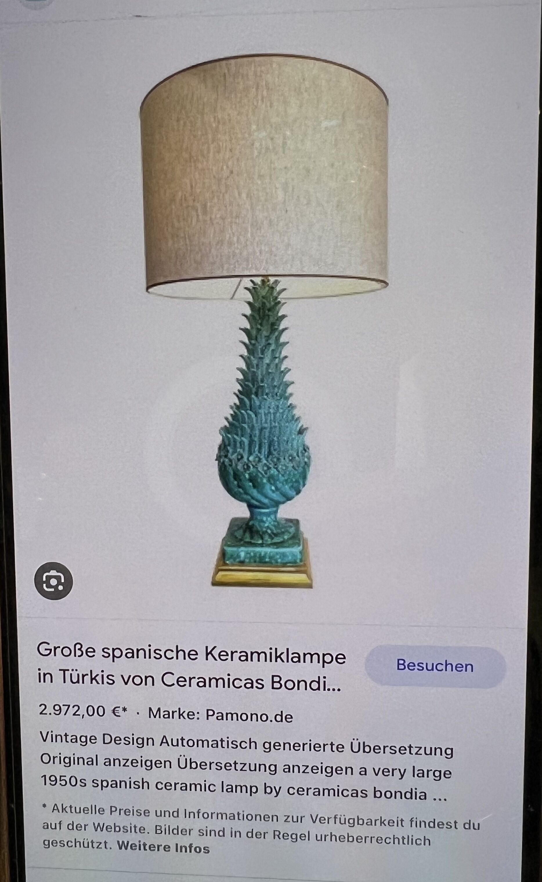 1.05 m pineapple lamp in turquoise ceramic on a gilded wooden base from the 1950s