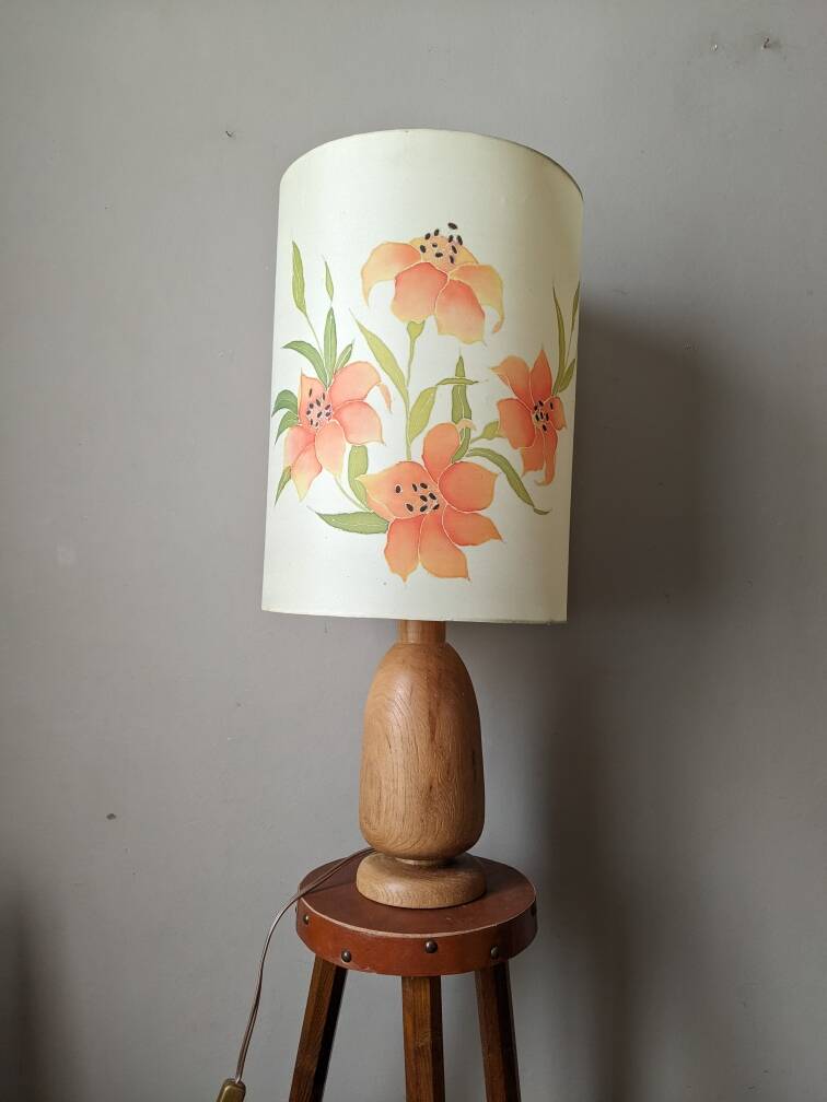 Vintage lamp with turned wooden base and silk lampshade, handcrafted floral decoration