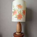 Vintage lamp with turned wooden base and silk lampshade, handcrafted floral decoration