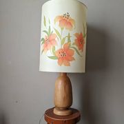 Vintage lamp with turned wooden base and silk lampshade, handcrafted floral decoration