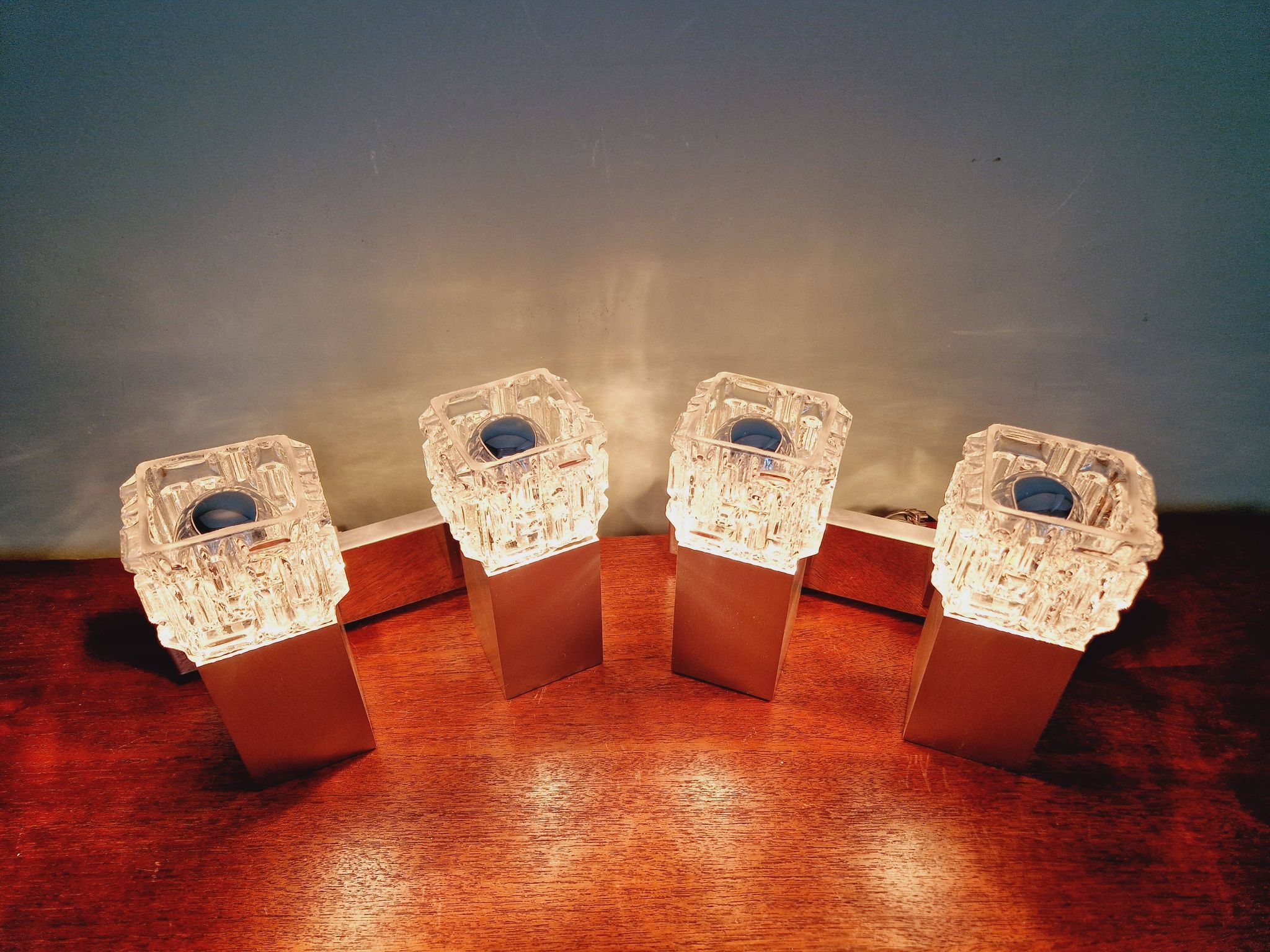 Pair of brushed aluminum and crystal wall lights, 1970s