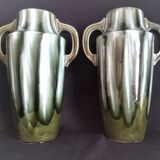 Pair of Art Deco vases in enameled earthenware with white drips on a green background