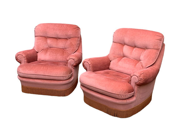 Paire de fauteuils crapaud velours capitonné rose 1970