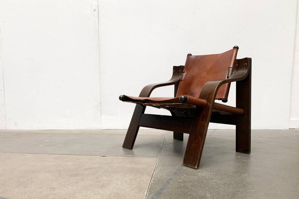 Brutalist Mid-Century Safari Armchair in Wood and Leather, 1960s