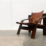 Brutalist Mid-Century Safari Armchair in Wood and Leather, 1960s