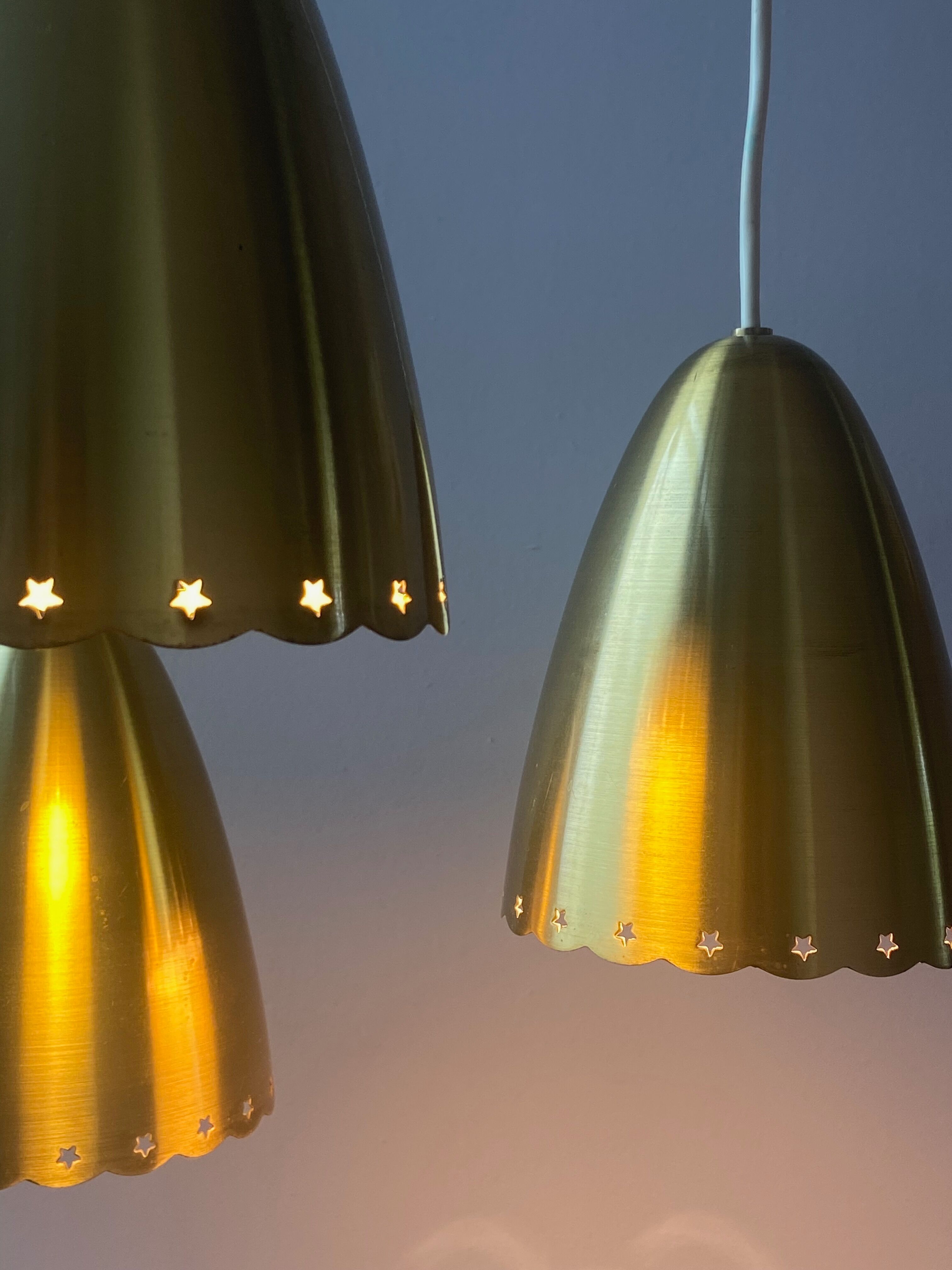 Golden bell mid-century brass pendant lamp set denmark 1960's