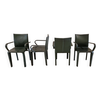Set of 4 green leather chairs