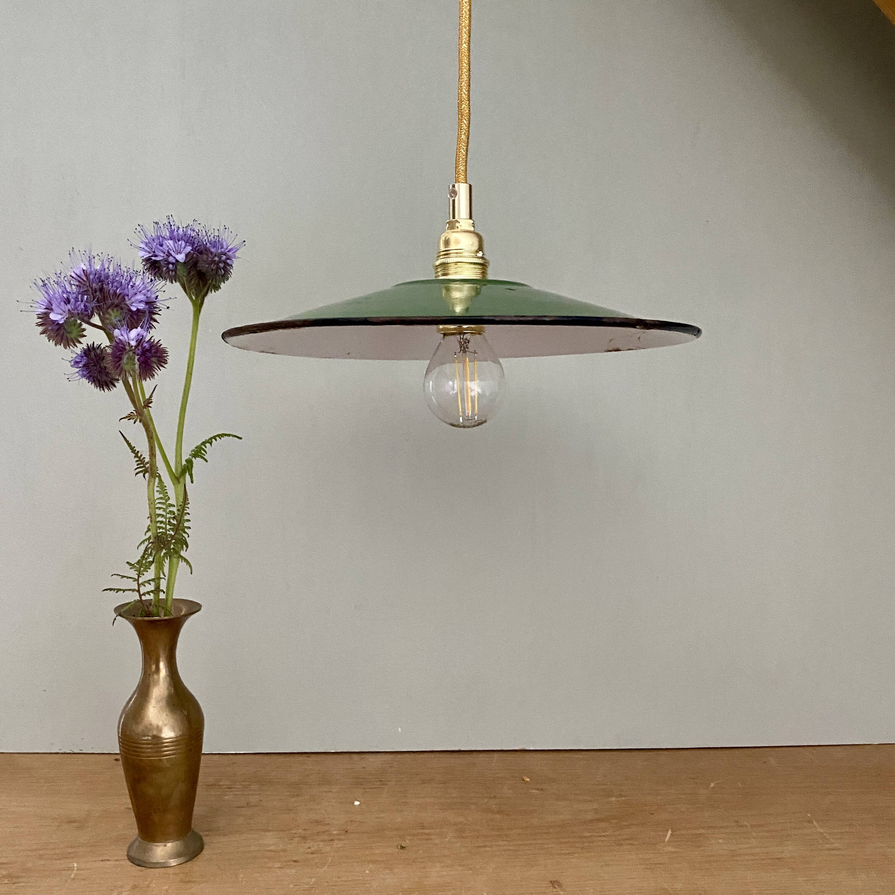 Vintage green enamelled sheet metal lampshade pendant light